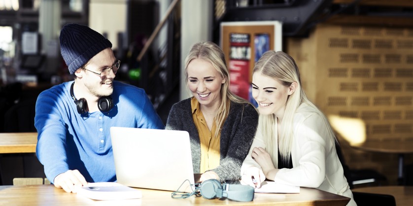 Studerende i gruppearbejde ved computer