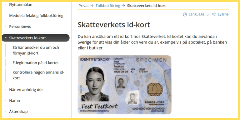 Screenshot fra Skatteverkets side om ID-kort